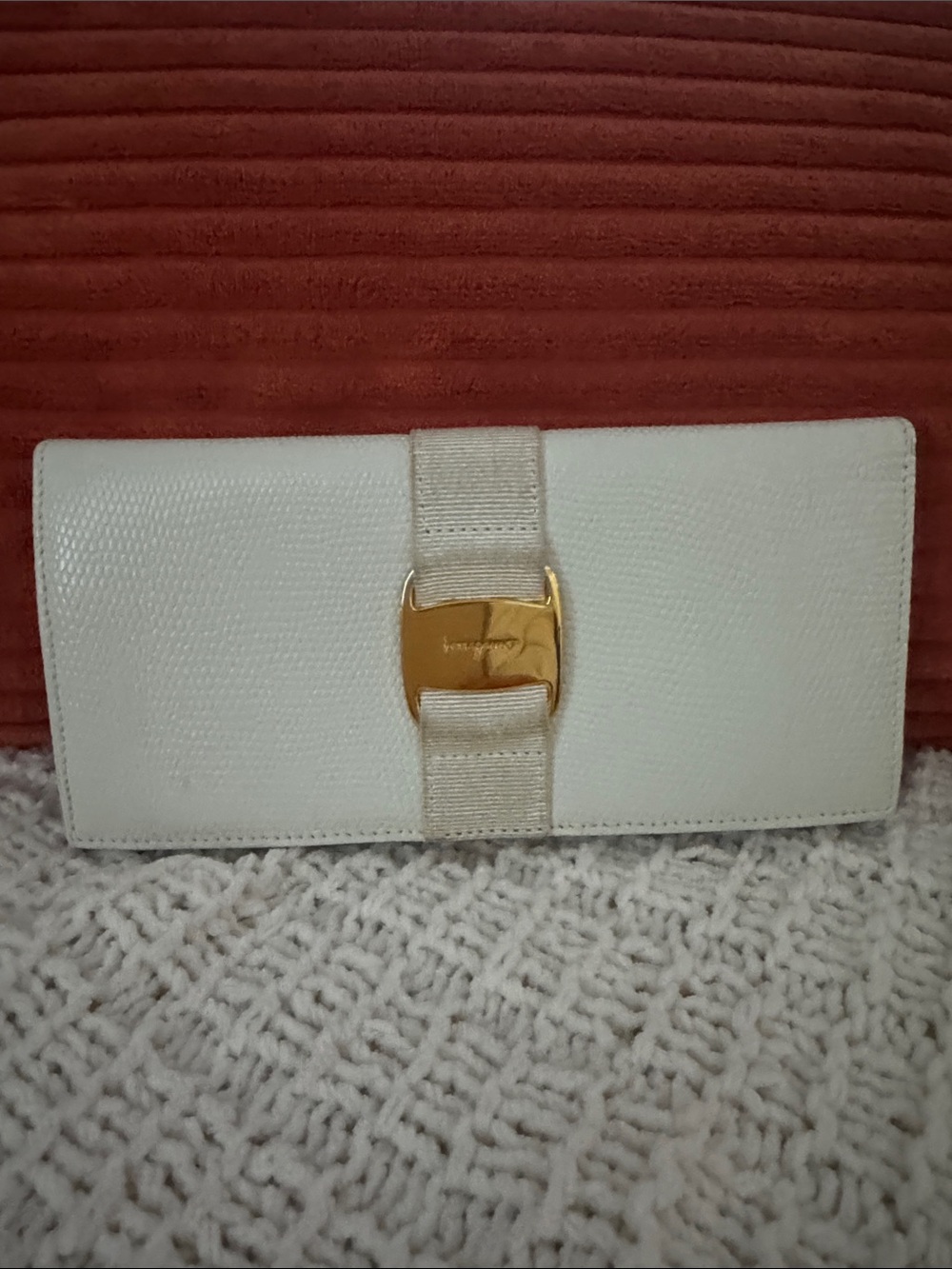 Salvatore Ferragamo White Leather Vara Bow Clutch with Gold Hardware